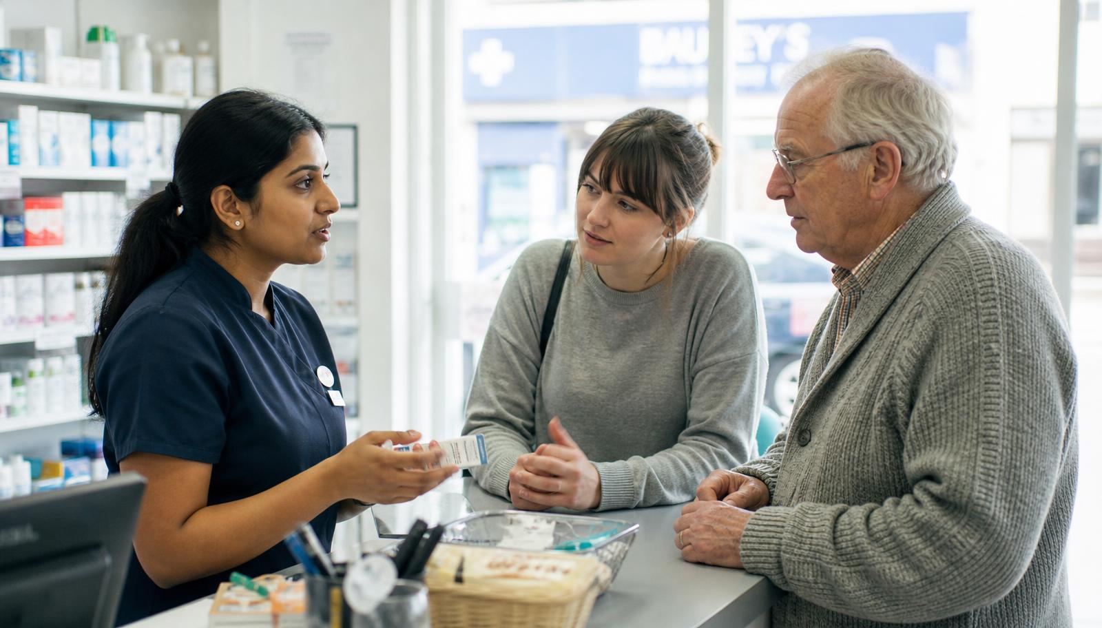 A pharmacist talking with a younger and an older patient at the counter of a community pharmacy